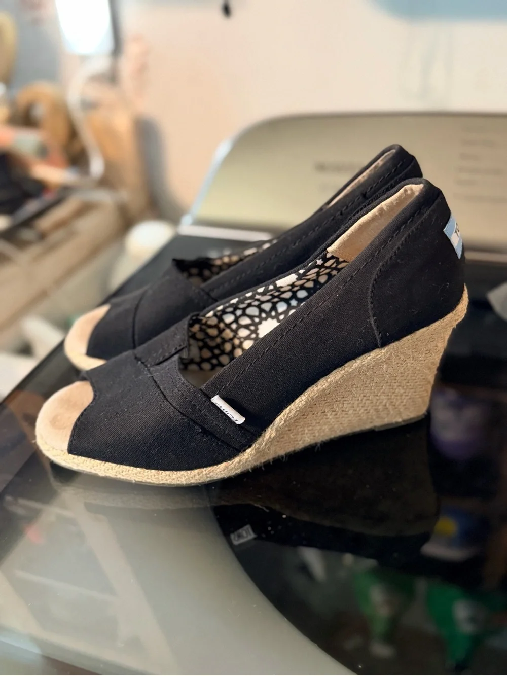 TOMS Black Canvas Peep Toe Espadrille Wedge Heels Women’s Size 7 Slip On